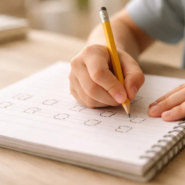 Criança traçando letras em caderno com lápis