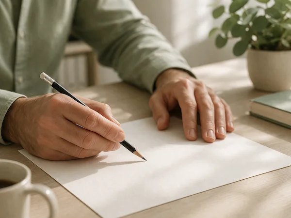 Pessoa concentrada escrevendo em papel sobre mesa